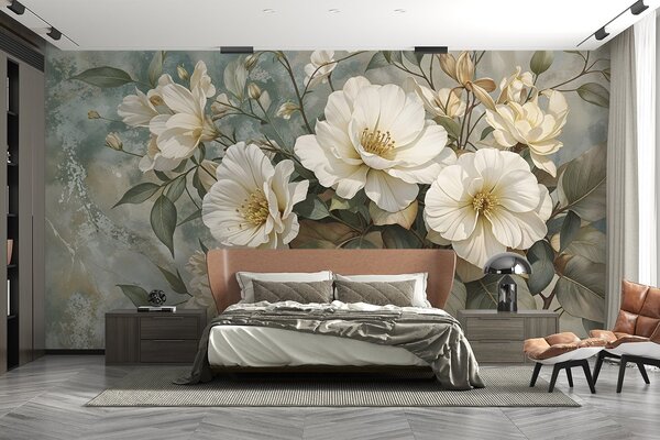 Carta da parati Grandi fiori di peonia bianchi e dettagliati con foglie verdi su uno sfondo turchese, Carta da parati Floreale, w08528 : Uwalls.it
