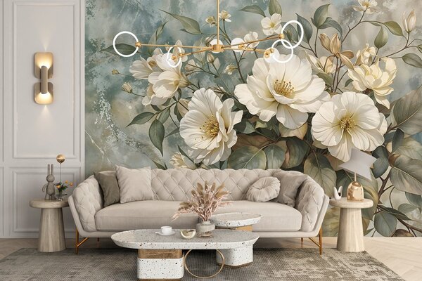 Carta da parati Grandi fiori di peonia bianchi e dettagliati con foglie verdi su uno sfondo turchese, Carta da parati Floreale, w08528 : Uwalls.it