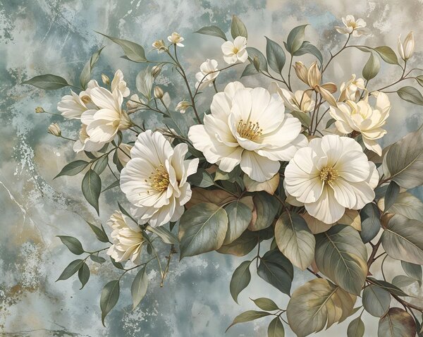 Carta da parati Grandi fiori di peonia bianchi e dettagliati con foglie verdi su uno sfondo turchese, Carta da parati Floreale, w08528 : Uwalls.it