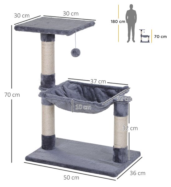 PawHut Tiragraffi per Gatti Multilivello con Amaca e Pallina, Legno e Peluche, 50x36x70cm, Grigio|Aosom