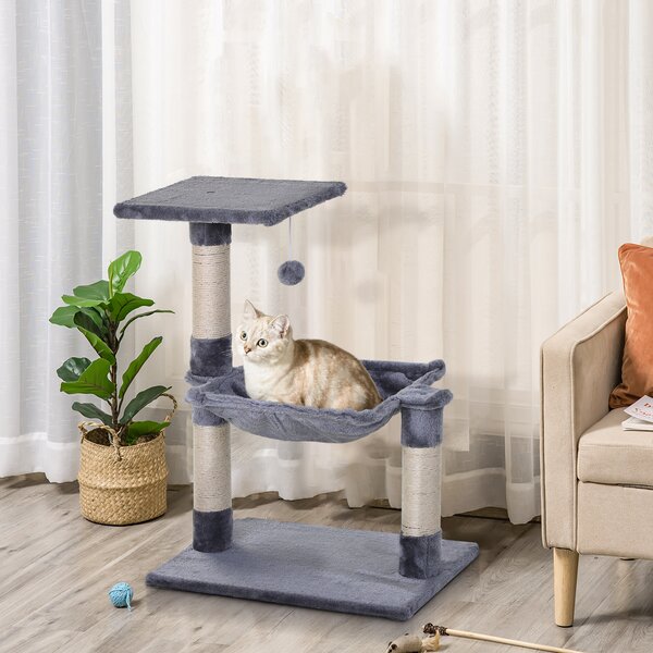 PawHut Tiragraffi per Gatti Multilivello con Amaca e Pallina, Legno e Peluche, 50x36x70cm, Grigio|Aosom