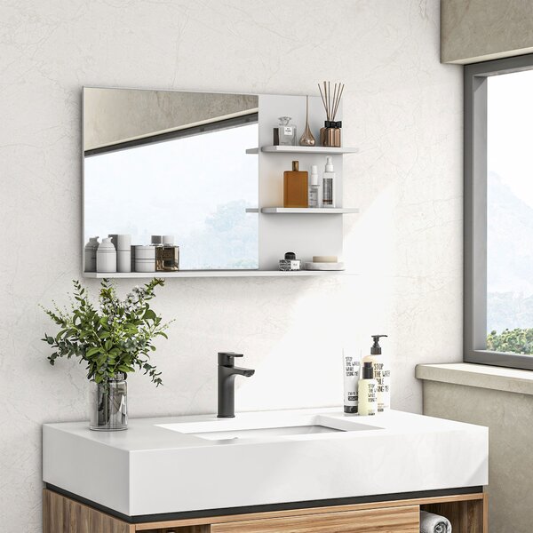 Kleankin Specchio da Bagno a Parete con 2 Ripiani Laterali e Ripiano Inferiore, in MDF e Vetro con finitura verniciata, 75x10x48 cm, Bianco | Aosom Italy