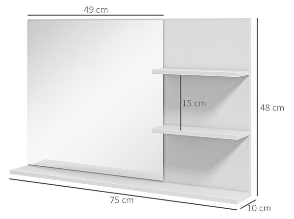 Kleankin Specchio da Bagno a Parete con 2 Ripiani Laterali e Ripiano Inferiore, in MDF e Vetro con finitura verniciata, 75x10x48 cm, Bianco | Aosom Italy