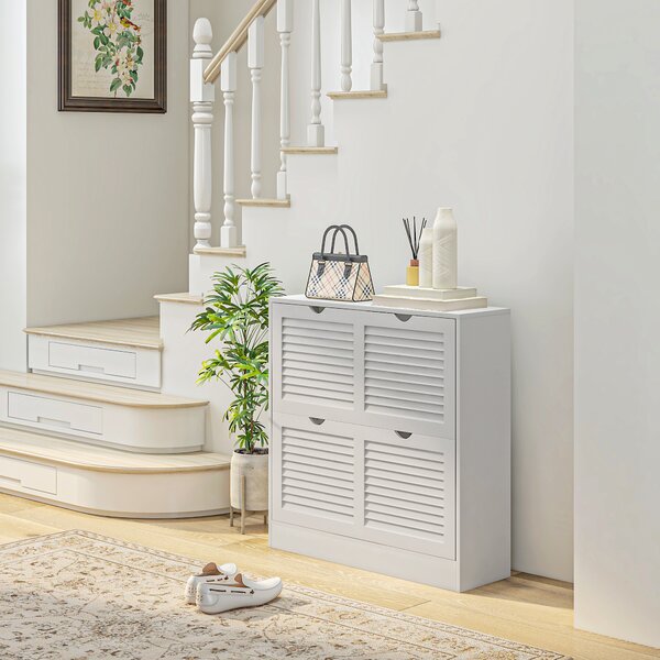 HOMCOM Mobile Scarpiera Salvaspazio in Legno per 16 Paia di Scarpe con 2 Ante a Ribalta, 81.5x25x83cm, Bianco|Aosom
