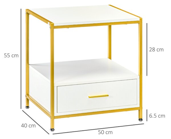 HOMCOM Set di 2 Comodini Moderni con Cassetto e Ripiano Aperto, 50x40x55cm, Bianco e Oro|Aosom