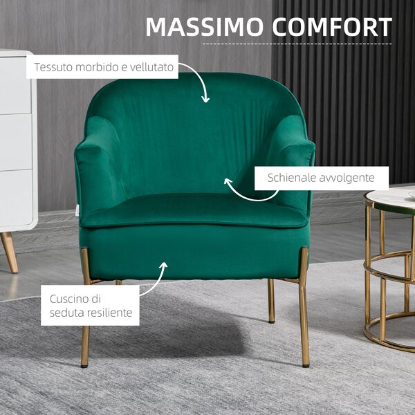 HOMCOM Poltrona con Gambe in Acciaio, Sedia da Letto in Tessuto Effetto Velluto, 62x69x75 cm, Verde | Aosom Italy