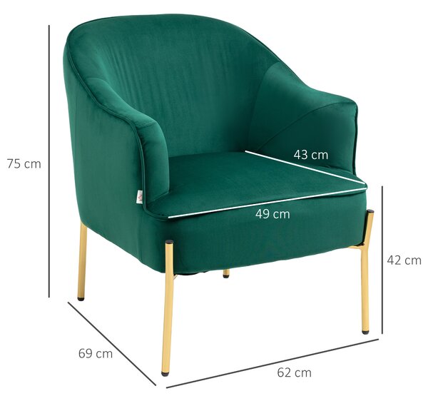 HOMCOM Poltrona con Gambe in Acciaio, Sedia da Letto in Tessuto Effetto Velluto, 62x69x75 cm, Verde | Aosom Italy