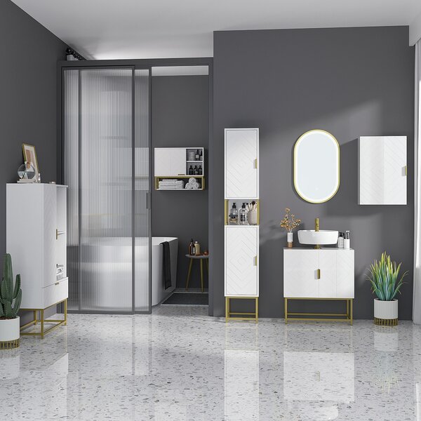Kleankin Mobile Bagno Sottolavabo in Legno e Acciaio con Armadietto 2 Ante Spazioso 60x30x65cm Elegante Bianco e Oro per Arredo Bagno Moderno|Aosom