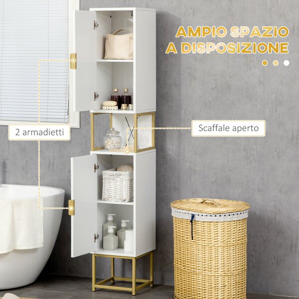Kleankin Colonna Bagno con 2 Armadietti e Ripiano in MDF e Acciaio, 30x30x170.7cm, Bianco e Oro|Aosom