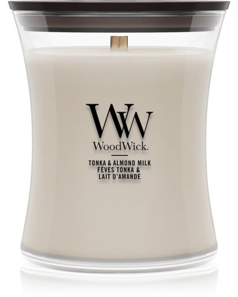 Woodwick Tonka & Almond Milk candela profumata con stoppino in legno 275 g