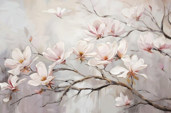 Carta da parati Delicati fiori di magnolia rosa che sbocciano su rami di alberi spogli su uno sfondo, Carta da parati Floreale, w08589 : Uwalls.it