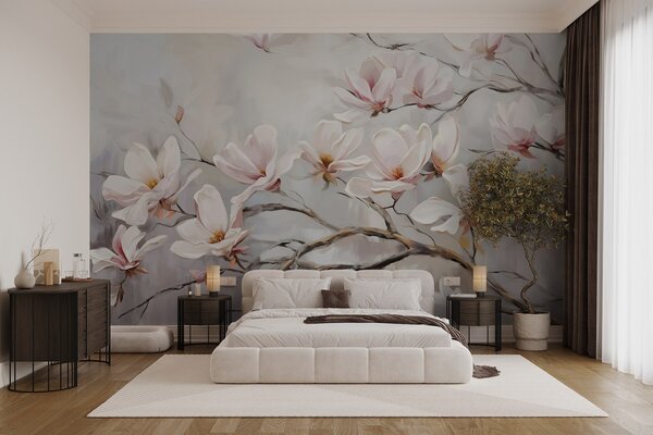 Carta da parati Delicati fiori di magnolia rosa che sbocciano su rami di alberi spogli su uno sfondo, Carta da parati Floreale, w08589 : Uwalls.it