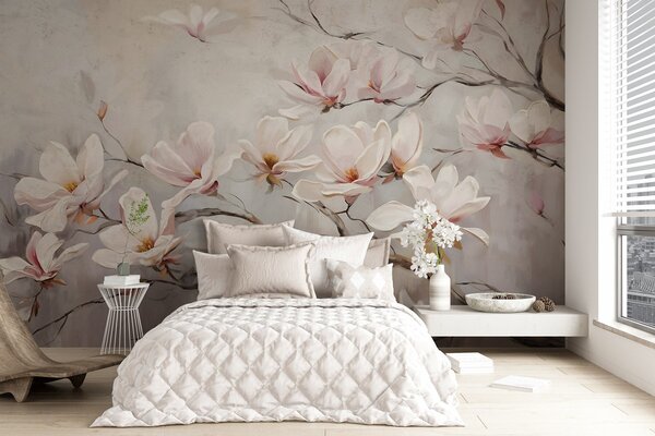 Carta da parati Delicati fiori di magnolia rosa che sbocciano su rami di alberi spogli su uno sfondo, Carta da parati Floreale, w08589 : Uwalls.it