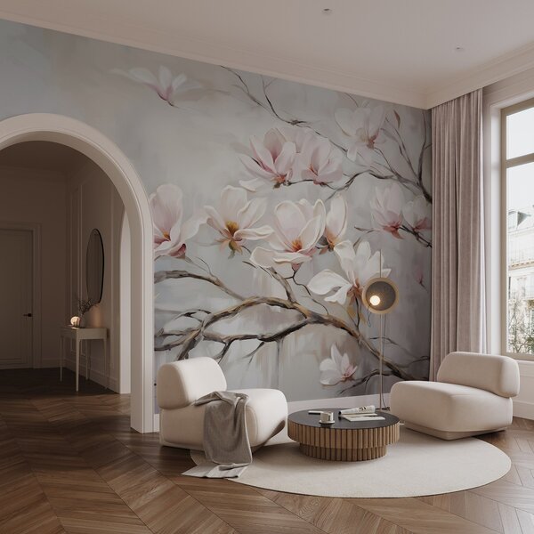 Carta da parati Delicati fiori di magnolia rosa che sbocciano su rami di alberi spogli su uno sfondo, Carta da parati Floreale, w08589 : Uwalls.it