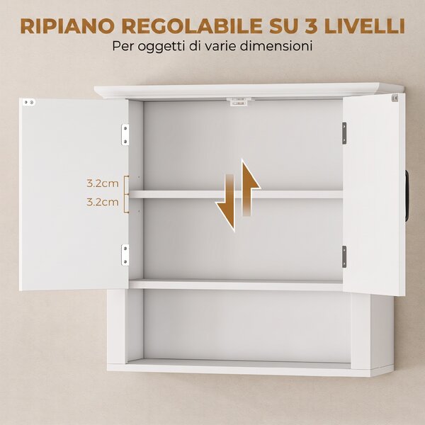 Homcom Mobiletto da Parete 2 Ante con Ripiano in Legno per Cucina Bagno, Bianco 60x19.8x58cm
