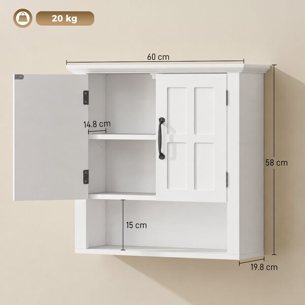 Homcom Mobiletto da Parete 2 Ante con Ripiano in Legno per Cucina Bagno, Bianco 60x19.8x58cm