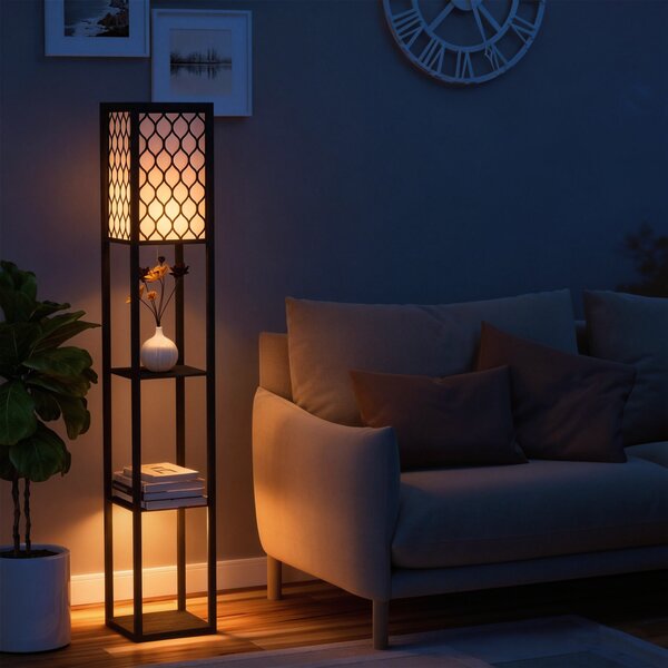 HOMCOM Lampada Lampadina da Terra Salvaspazio con Ripiani Durevole Cotone, MDF 26 x 26 x 160 cm Nero, bianco