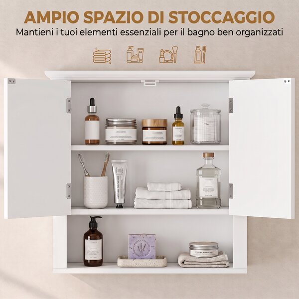 Homcom Mobiletto da Parete 2 Ante con Ripiano in Legno per Cucina Bagno, Bianco 60x19.8x58cm