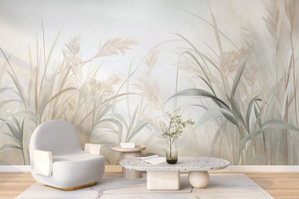 Carta da parati Erba alta e sottile e canne dai toni tenui e smorzati di beige, crema e verde, con una, Carta da parati Natura, w09981 : Uwalls.it