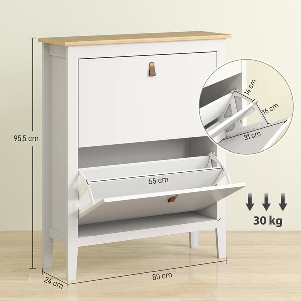HOMCOM Scarpiera Slim 2 Cassetti per 14 Paia di Scarpe Taglia EU44 e Ripiani Regolabili, 80x24x95.5cm, Bianco