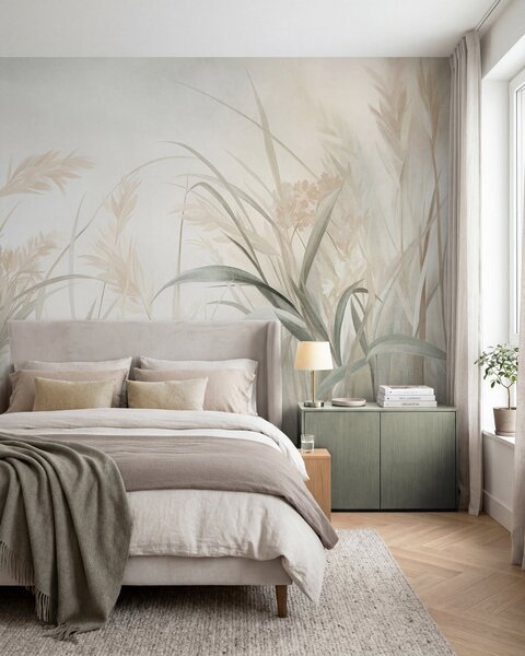 Carta da parati Erba alta e sottile e canne dai toni tenui e smorzati di beige, crema e verde, con una, Carta da parati Natura, w09981 : Uwalls.it