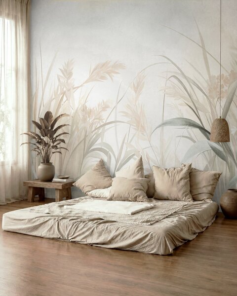 Carta da parati Erba alta e sottile e canne dai toni tenui e smorzati di beige, crema e verde, con una, Carta da parati Natura, w09981 : Uwalls.it