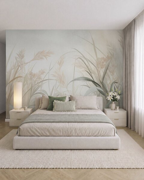Carta da parati Erba alta e sottile e canne dai toni tenui e smorzati di beige, crema e verde, con una, Carta da parati Natura, w09981 : Uwalls.it