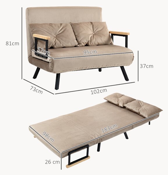 HOMCOM Divano Letto 3 in 1 in Tessuto Effetto Velluto con Schienale Regolabile e 2 Cuscini, 102x73x81 cm, Marrone Chiaro