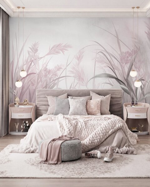 Carta da parati Erba alta e sottile e canne dai toni tenui e smorzati di rosa e grigio, con una texture, Carta da parati Natura, w09981v1 : Uwalls.it