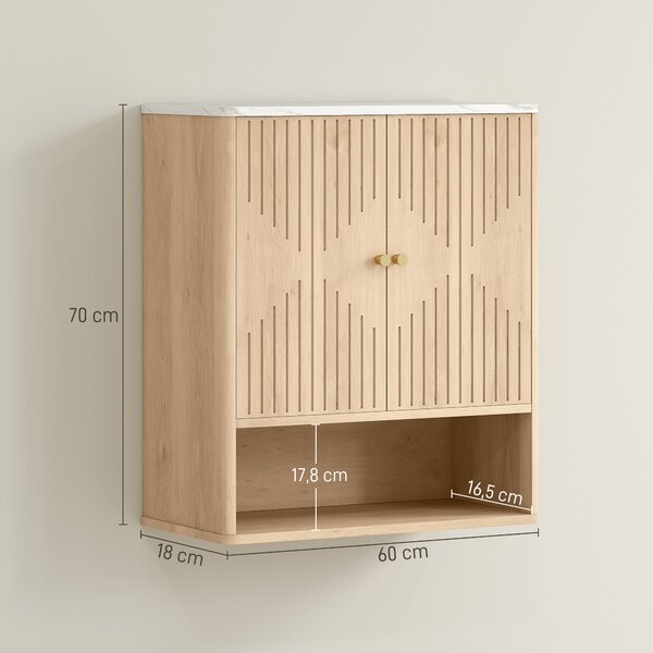 HOMCOM Armadietto Bagno a Parete con Ripiano Aperto e Ante Decorate, Piano Effetto Marmo, 60x18x70 cm, Rovere | Aosom Italy
