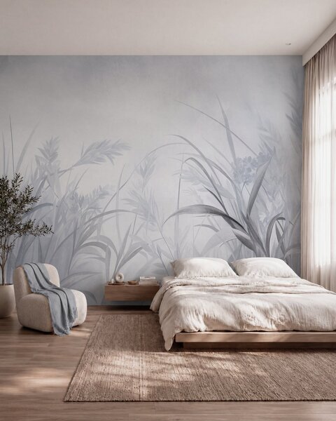 Carta da parati Erba alta e sottile e canne dai toni tenui e smorzati di blu e grigio, con una texture, Carta da parati Natura, w09981v2 : Uwalls.it