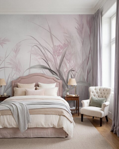 Carta da parati Erba alta e sottile e canne dai toni tenui e smorzati di rosa e grigio, con una texture, Carta da parati Natura, w09981v1 : Uwalls.it