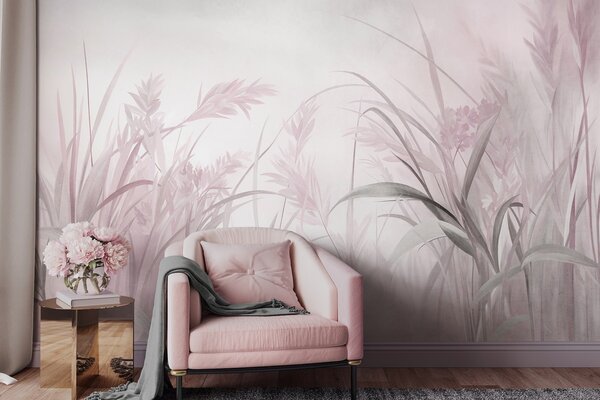 Carta da parati Erba alta e sottile e canne dai toni tenui e smorzati di rosa e grigio, con una texture, Carta da parati Natura, w09981v1 : Uwalls.it