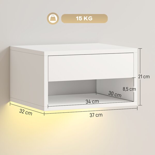 HOMCOM Set 2 Comodini Sospesi con LED RGB Integrati e Regolabili con APP, Cassetto e Ripiano, 37x32x21 cm, Bianco | Aosom Italy