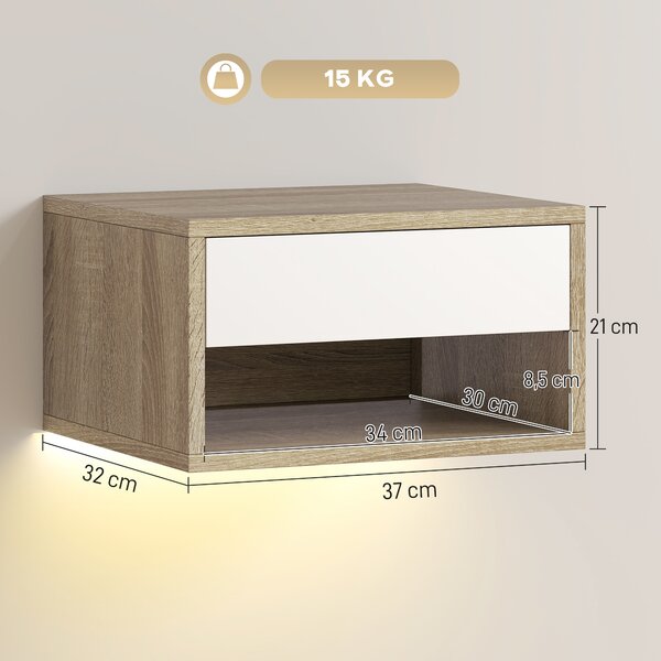 HOMCOM Set 2 Comodini Sospesi con LED RGB Integrati e Regolabili con APP, Cassetto e Ripiano, 37x32x21 cm, Bianco Color Legno | Aosom Italy