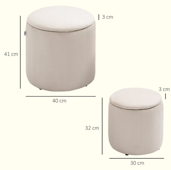 HOMCOM Set di 2 Pouf Contenitore Salvaspazio Rotondi e Imbottiti in Velluto a Coste, Bianco | Aosom Italy