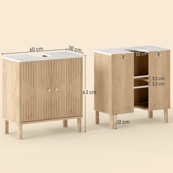 HOMCOM Mobile Sottolavabo a 2 Ante con Ripiano Effetto Marmo e Mensola Regolabile, Rovere | Aosom Italy