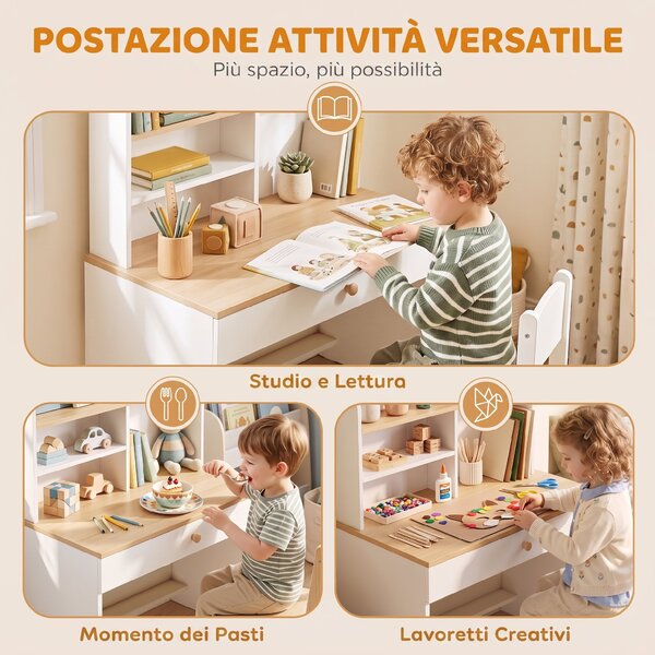 AIYAPLAY Scrivania per bambini 3-8 anni con ripiani e cassetto, bianco | Aosom Italy