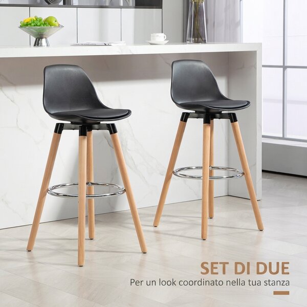 HOMCOM Set 2 Sgabelli Bar in PU Moderni, Sgabelli Cucina Alti con Schienale, Poggiapiedi in Acciaio, Seduta Alta 69 cm Imbottita, Gambe in Legno | Aosom Italy