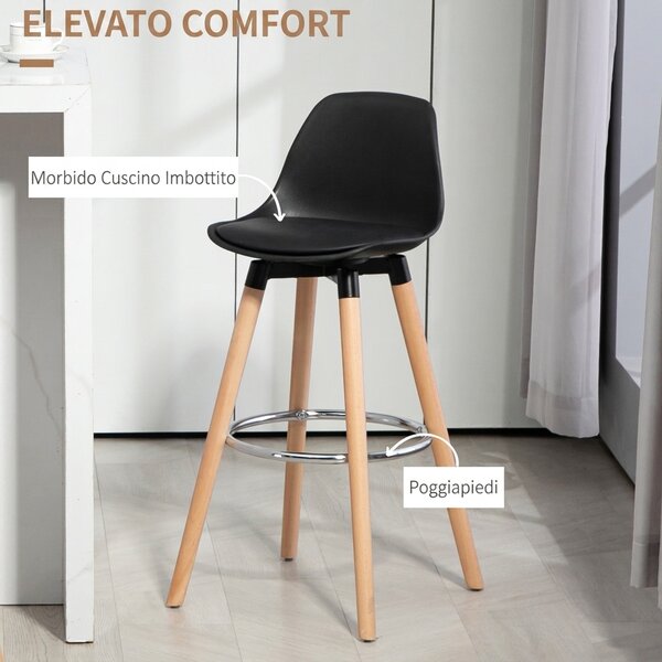 HOMCOM Set 2 Sgabelli Bar in PU Moderni, Sgabelli Cucina Alti con Schienale, Poggiapiedi in Acciaio, Seduta Alta 69 cm Imbottita, Gambe in Legno | Aosom Italy