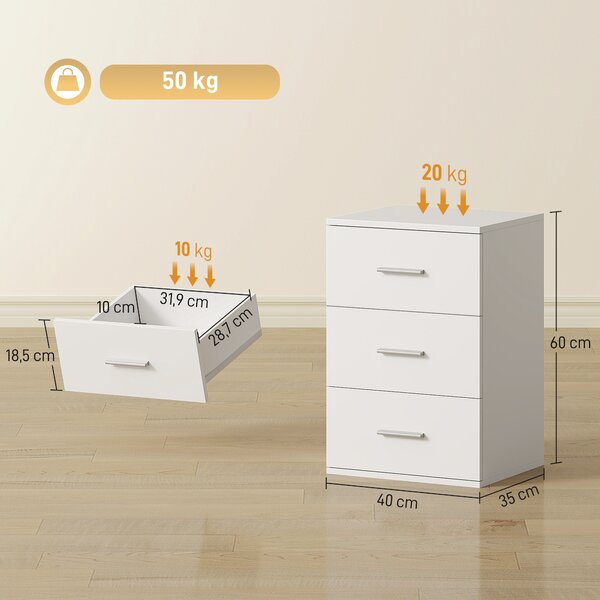 HOMCOM Comodino con 3 Cassetti Moderno e Multiuso per Camera e Salotto, 40x35x60 cm, Bianco | Aosom Italy