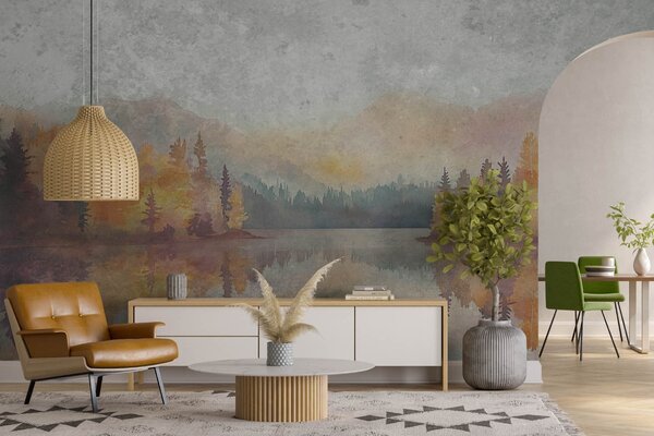 Carta da parati Pittura ad acquerello di un lago con alberi e montagne, Carta da parati Natura, Carta da parati popolare, w08621 - Tapeko.it