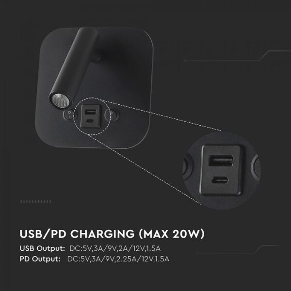 Faretto da parete LED orientabile con porta USB LED/8W/230V 3000K nero