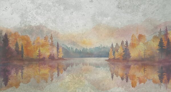 Carta da parati Pittura ad acquerello di un lago con alberi e montagne, Carta da parati Natura, Carta da parati popolare, w08621 - Tapeko.it