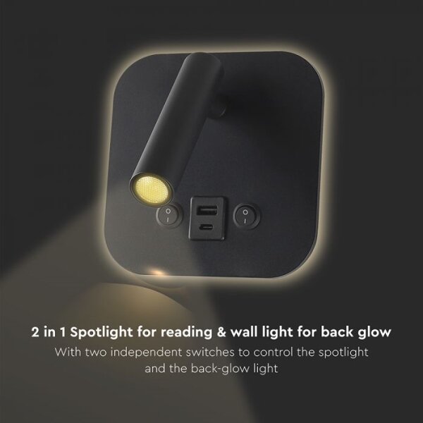 Faretto da parete LED orientabile con porta USB LED/8W/230V 3000K nero