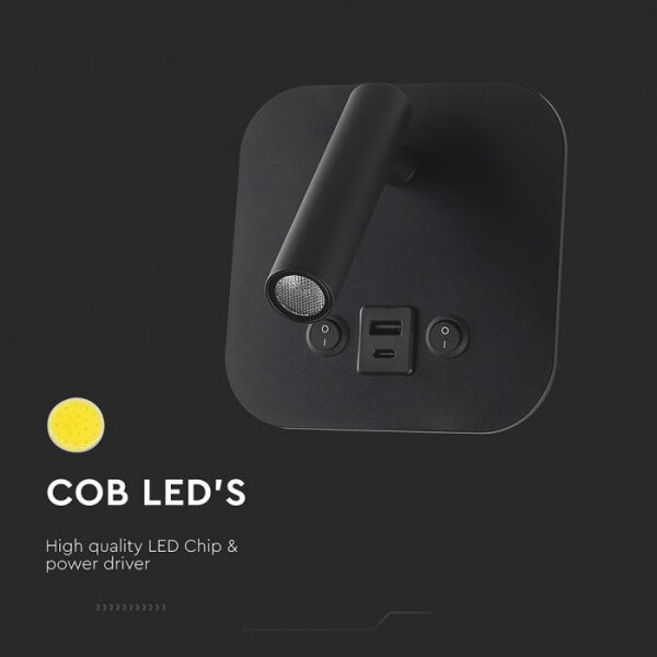 Faretto da parete LED orientabile con porta USB LED/8W/230V 3000K nero