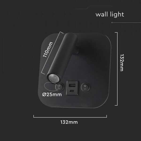 Faretto da parete LED orientabile con porta USB LED/8W/230V 3000K nero