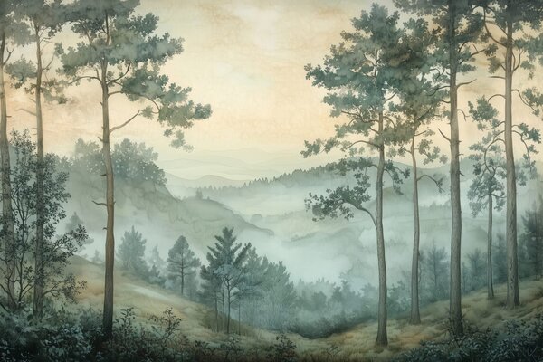 Carta da parati Pittura di una foresta con nebbia, Carta da parati Natura, Carta da parati popolare, w02690 - Tapeko.it