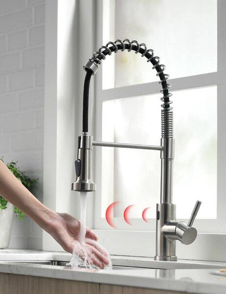 Rubinetto da cucina con sensore a infrarossi e soffione orientabile, miscelatore da cucina girevole a 360°, miscelatore a leva per cucina, valvola a spirale per WC, cromato-nichel