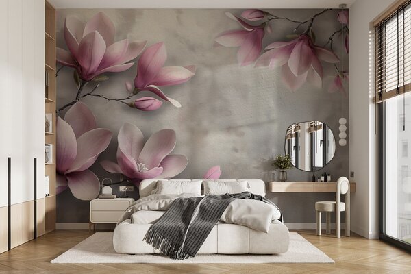 Carta da parati Delicate magnolie rosa su una parete di cemento nei toni del grigio, Carta da parati Floreale, w08636v1 : Uwalls.it
